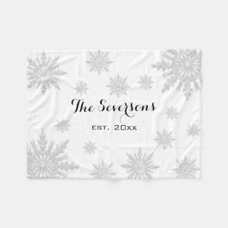 Light Grey Winter Snowflakes on White Fleece Blanket