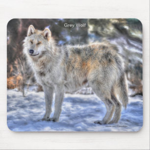 Light Grey Wolf & Winter Snow Mouse Pad
