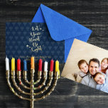 Light Heart Menorah Personalised Hanukkah Photo<br><div class="desc">This blue card with menorah pattern sets off the gold foil 'Let your heart be light' and can be personalised with any names or message. The reverse features your full size photo.</div>