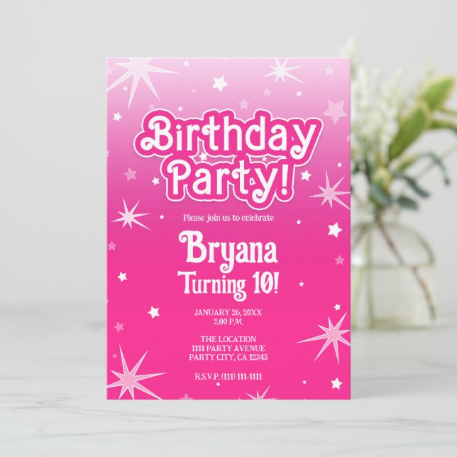 Light & Hot Pink Sparkle Stars Birthday Party Invitation (Standing Front)