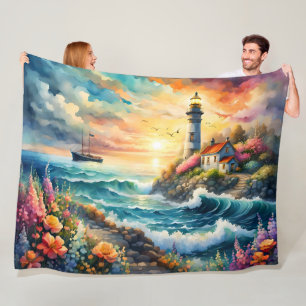 Light house Floral garden on the Sea Fleece Blanket