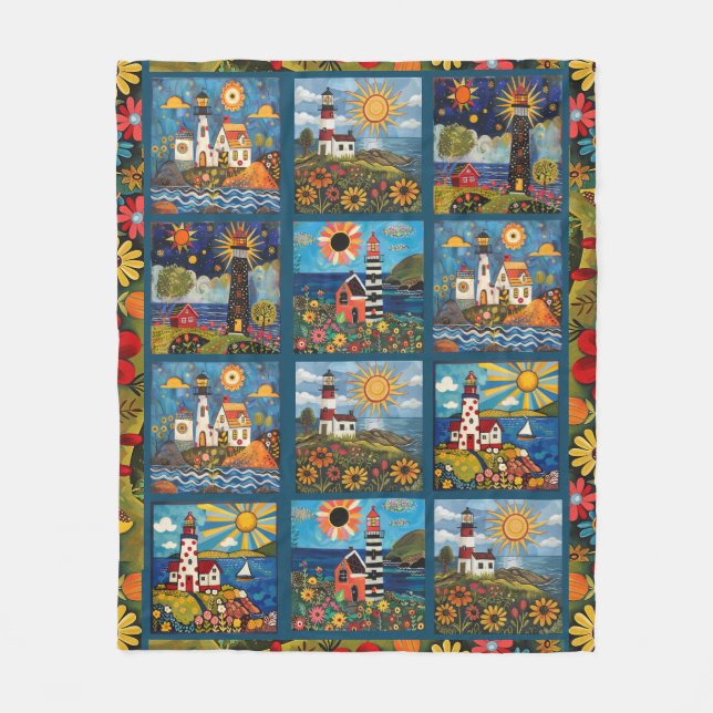 Light House Patch Work Quilted Pattern Fleece Blanket (Front)