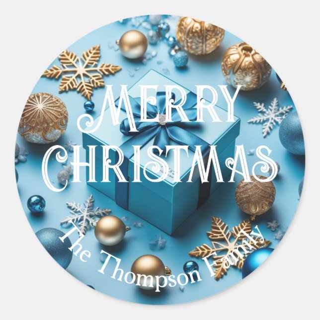 Light Ice Blue and Gold Wrapped Christmas Gifts  Classic Round Sticker (Front)