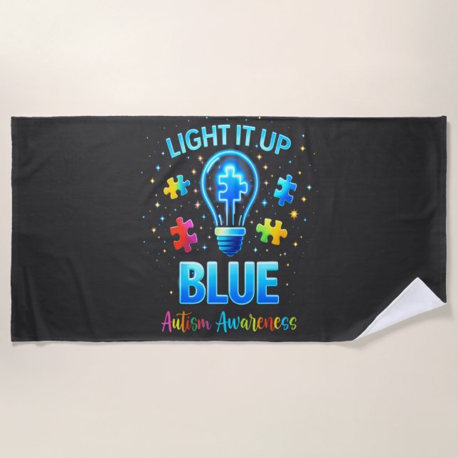 Light It Up Blue Autistic Autism Awareness Beach Towel (Front)