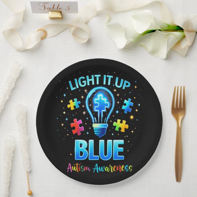 Light It Up Blue Autistic Autism Awareness Paper Plate (Wedding)