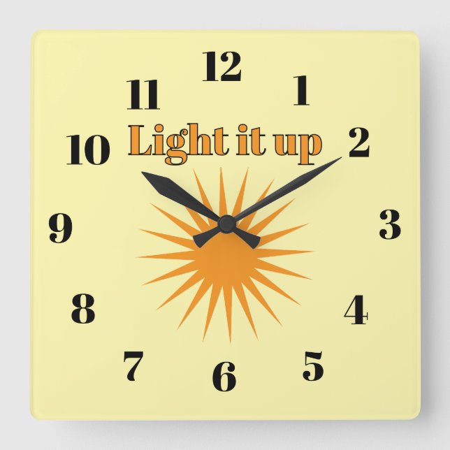 Light it up, yellow square wall clock (Front)