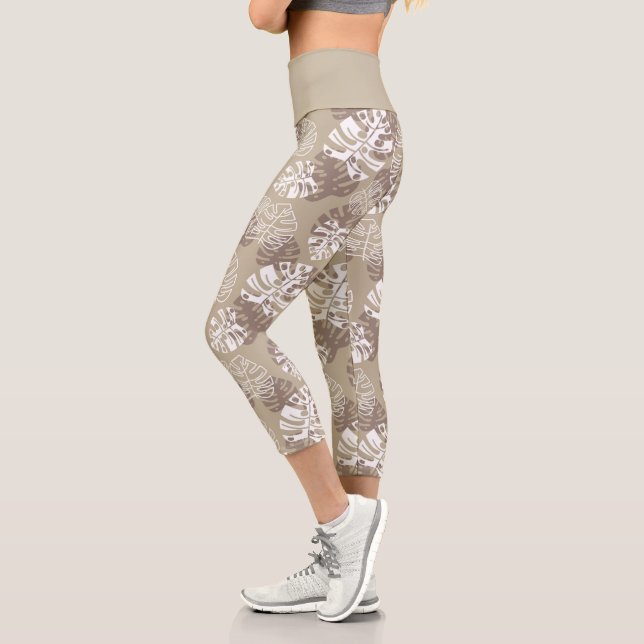 Light Latte Brown Botanical Monster Leaves Pattern Capri Leggings (Left)
