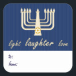Light Laughter Love Hanukkah Gift Tag<br><div class="desc">Blue stripes and a golden menorah form the background of this holiday gift tag,  with the festive message "love laughter light" in modern gold script. Customise your own "to" & "from" message on the bottom. There are matching Hanukkah/Chanukkah cards and envelopes available in my store.</div>