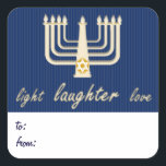 Light Laughter Love Hanukkah Gift Tag<br><div class="desc">Blue stripes and a golden menorah form the background of this holiday gift tag,  with the festive message "love laughter light" in modern gold script. Customise your own "to" & "from" message on the bottom. There are matching Hanukkah/Chanukkah cards and envelopes available in my store.</div>