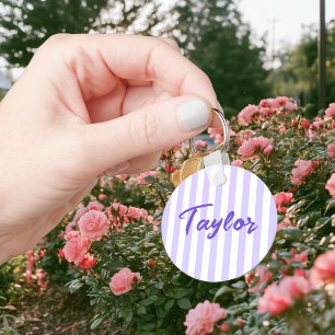 Light Lavender and White Cabana Stripe Key Ring