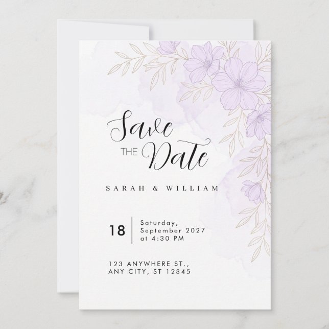 Light Lavender Gold Floral Wedding Invitation (Front)