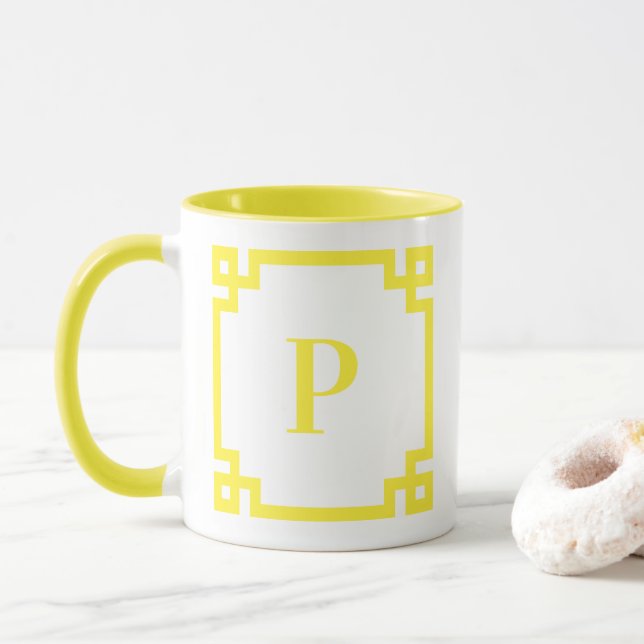 Light Lemon Yellow Greek Key Border Monogram Mug (With Donut)