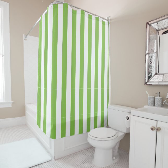 Light Lime Green and White Simple Striped  Shower Curtain (In Situ)