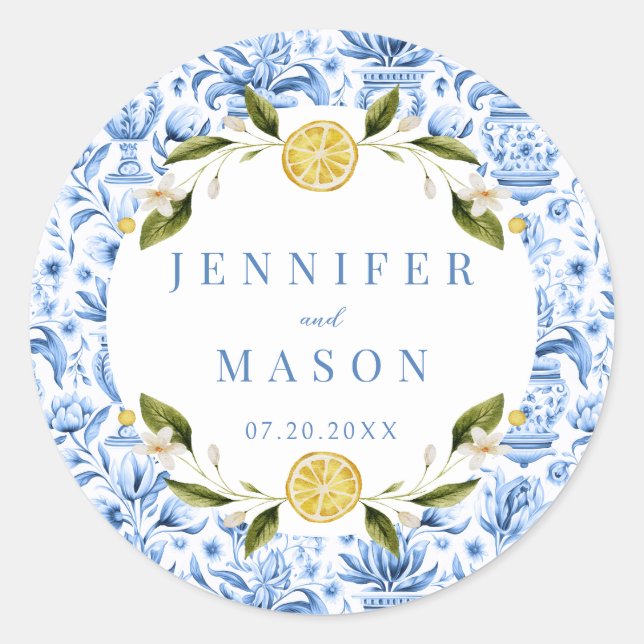 Light lue chinoiserie wedding monogram stickers (Front)