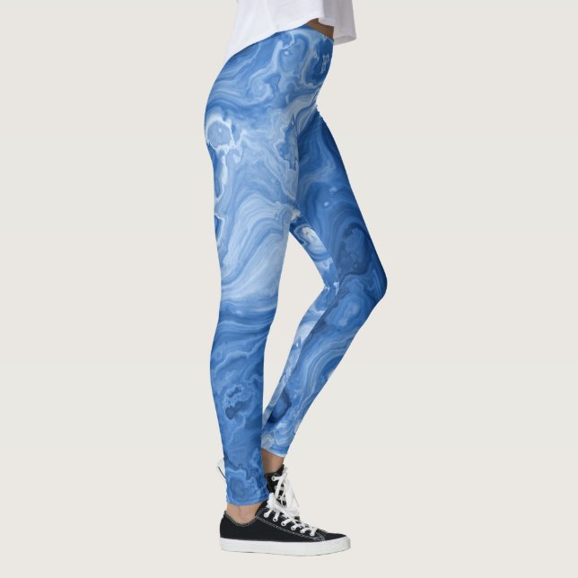 Light Medium Dark Blue Marble Swirls Art Pattern Leggings (Right)