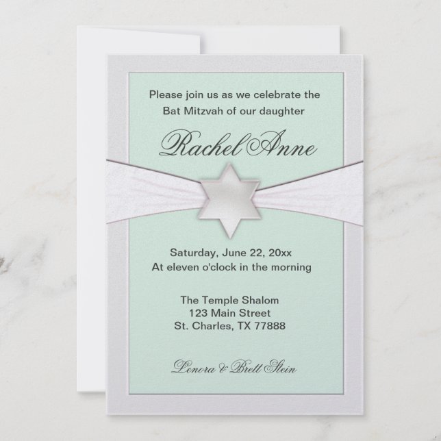 Light mint green Bat Mitzvah Invitations (Front)