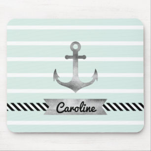 Light Mint Stripes Watercolor Anchor Personalised Mouse Pad