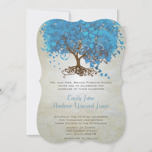 Light Ocean Blue Heart Leaf Tree Wedding Invites (Front)