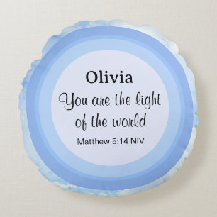 Light of the World Baby Blue Bible Verse Name Round Cushion