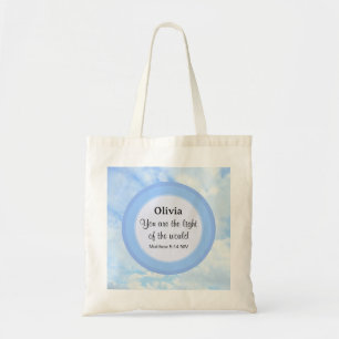 Light of the World Baby Blue Bible Verse Name Tote Bag