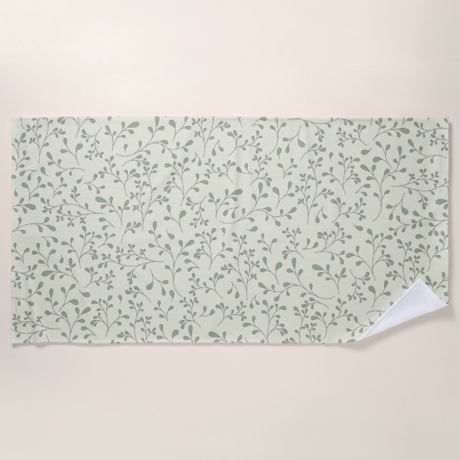 Light Olive Green Botanical Vine Pattern Beach Towel (Front)