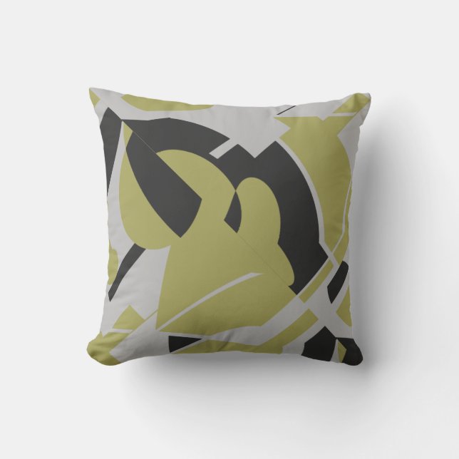 Light Olive Green Grey Black Bold Swirling Design Cushion (Front)
