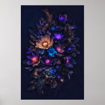 Light orange, deep purple, blue and dark flowers