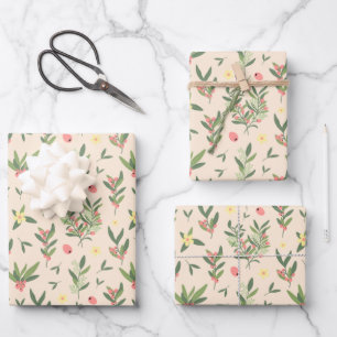 Light Orange, Green & Salmon Olive Branch Pattern Wrapping Paper Sheet