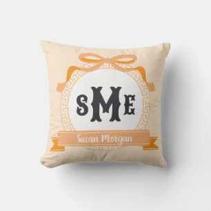 Light Orange Reverse Greek Key Bow Monogram Cushion