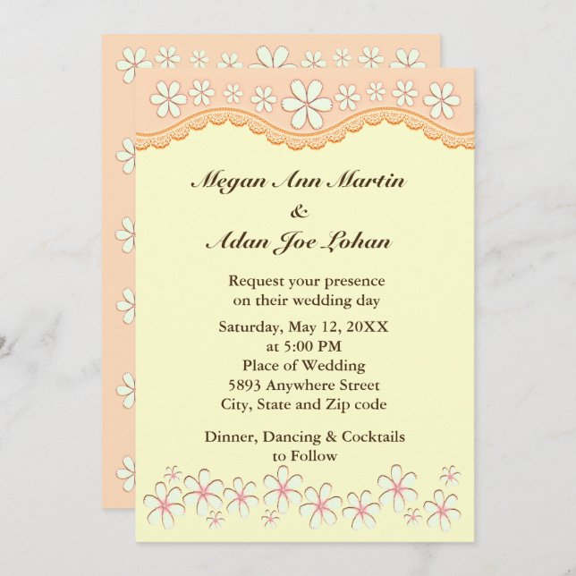 Light Orange Six Petal Flower Wedding Invitation (Front/Back)
