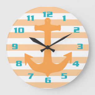 Light Orange Stripes and Anchor Teal Numbers Large Clock