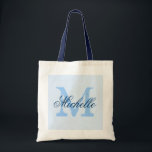 Light pastel & navy blue monogram wedding tote bag<br><div class="desc">Light pastel & navy blue wedding tote bag with personalised monogram. Vintage chic style design. Customise for bridesmaids,  flower girls,  maid of honour,  mother of the bride,  guests etc. Elegant script text for name. Gold yellow name initial.</div>