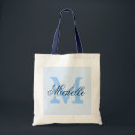 Light pastel & navy blue monogram wedding tote bag<br><div class="desc">Light pastel & navy blue wedding tote bag with personalised monogram. Vintage chic style design. Customise for bridesmaids,  flower girls,  maid of honour,  mother of the bride,  guests etc. Elegant script text for name. Gold yellow name initial.</div>