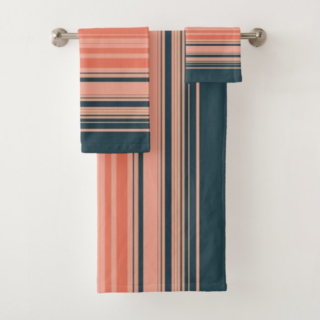 Light peach, coral, and orange striped pattern bath towel set (Insitu)