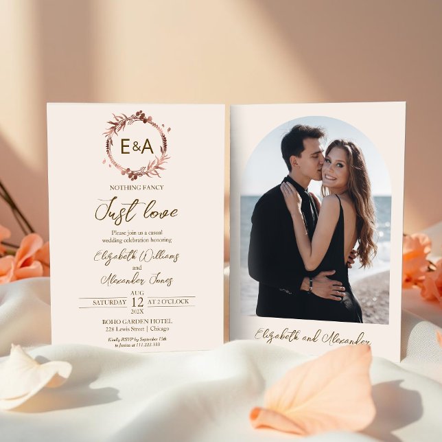 Light Peach Monogram Calligraphy Photo Wedding  Invitation (Creator Uploaded)