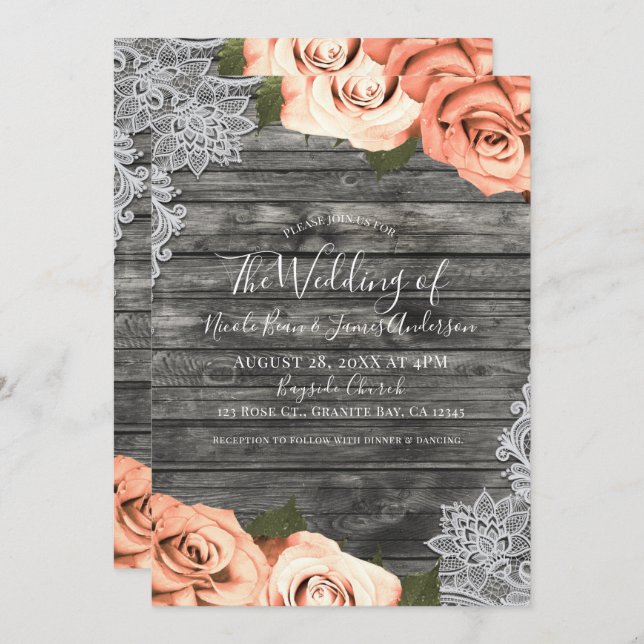 Light Peach Roses Grey Rustic Wood Lace Wedding Invitation (Front/Back)