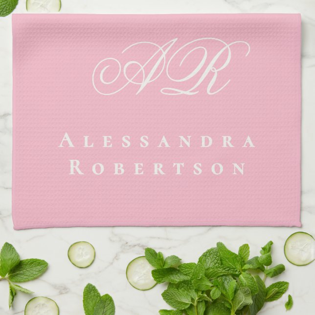 Light Peony Pink Monogram Name Minimalist Stylish Tea Towel (Folded)