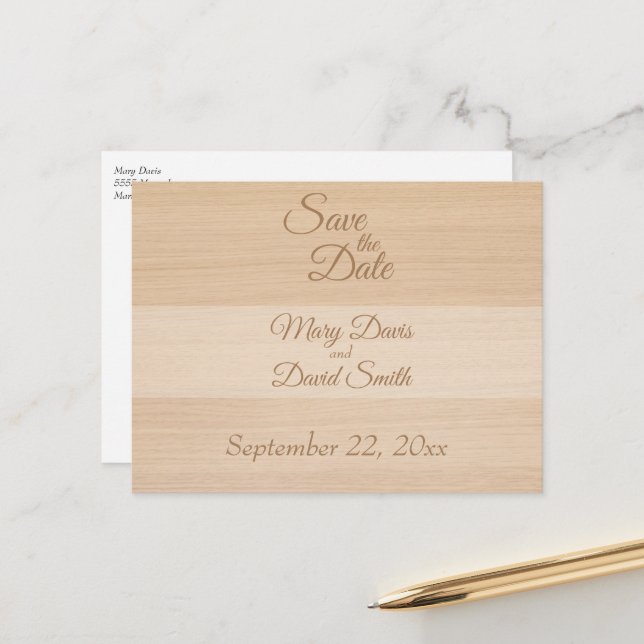 Light Pine Wood Save The Date Postcard (Front/Back In Situ)
