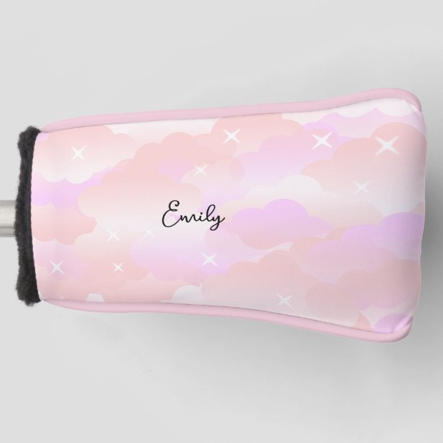 Light Pink Aesthetic fluffy clouds custom name Golf Head Cover (Front)