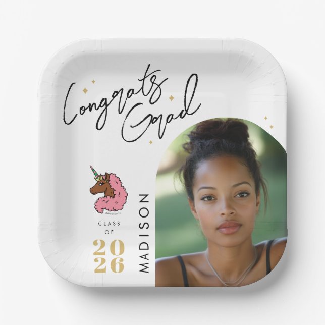 Light Pink Afro Unicorn Graduation Paper Plate (Front)