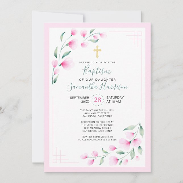 Light Pink Airy Watercolor Flowers Girl Baptism Invitation (Front)