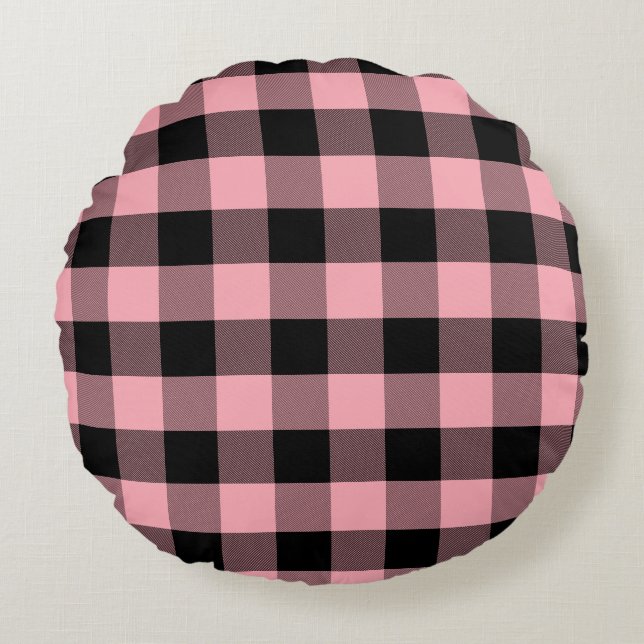 Light Pink and Black Buffalo Plaid Round Cushion (Front)