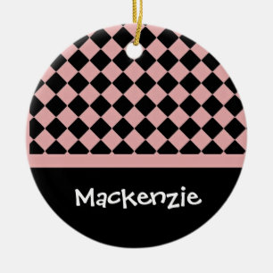 Light  Pink and Black Diamonds Custom Name Ceramic Tree Decoration