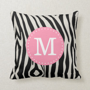 Light Pink and Black Zebra Stripe Custom Monogram Cushion