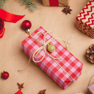 Light Pink and Bright Red Buffalo Plaid Wrapping Paper