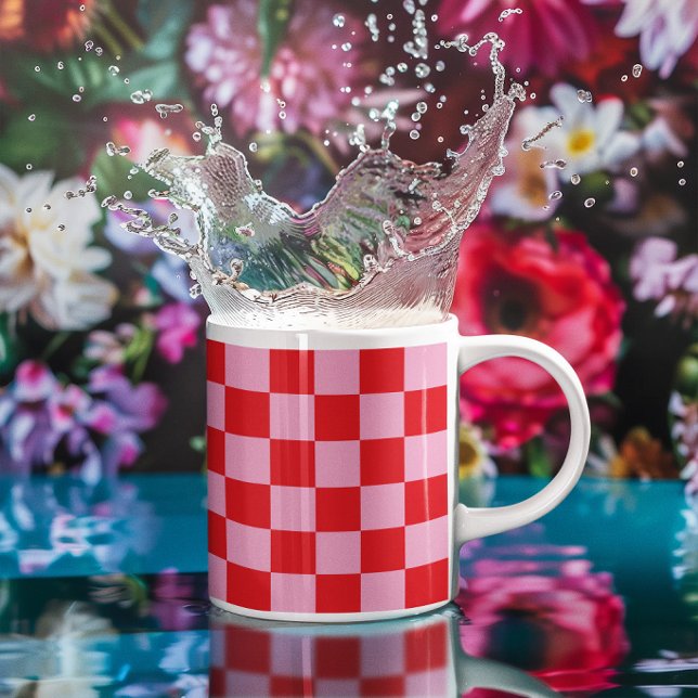 Light Pink and Bright Red Chequered Pattern Coffee Mug (Light Pink and Bright Red Checkered Pattern Coffee Mug)