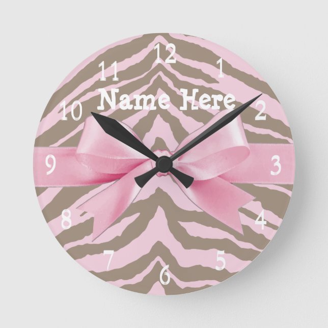Light Pink and Brown Zebra w/ Ribbon Bow Round Clock (Front)