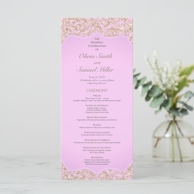 Light Pink And Gold Elegant Damask Wedding Program Programme (Standing Front)