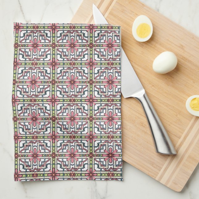 Light Pink and Green Floral Tile Pattern Pretty Tea Towel (Quarter Fold)