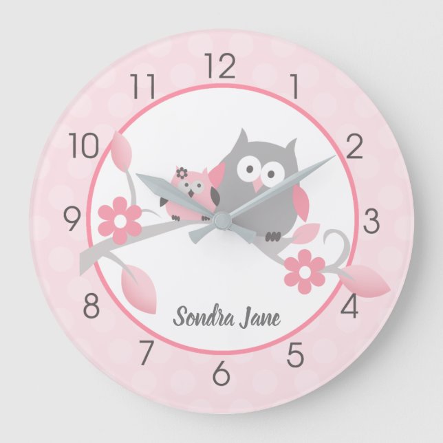 Light Pink and Grey Happy Owls Girl Nursery Large Clock (Front)
